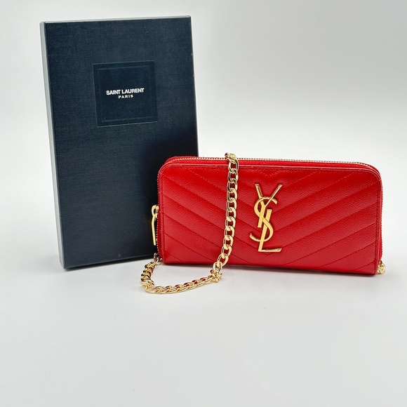 Authentic YSL Red Matelasse Full Zip Wallet w/ Crossbody Kit - Picture 1 of 16